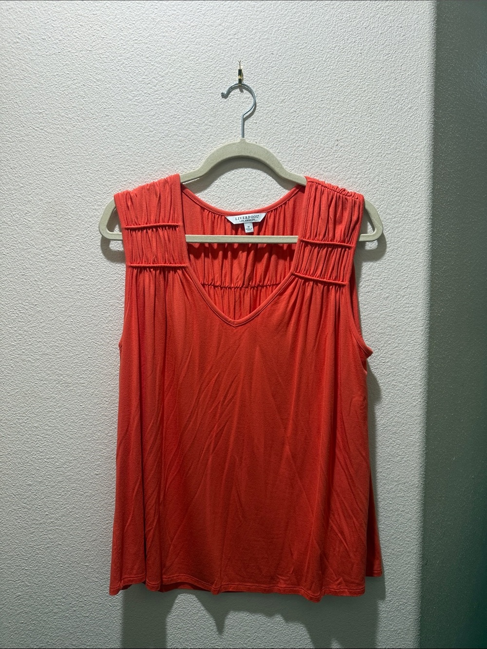 Liverpool Los Angeles Coral-orange Gathered V-Neck Sleeveless Blouse